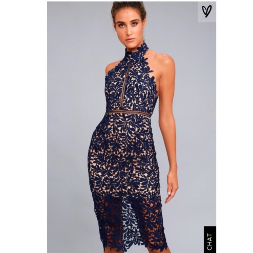 Lulu’s Divine Destiny Navy Blue Lace Midi Dress